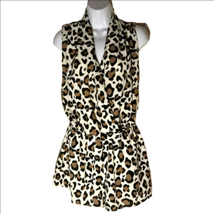 Bibi Leopard Print Romper Plunge Neckline Cinched Waist Animal Print Large Short